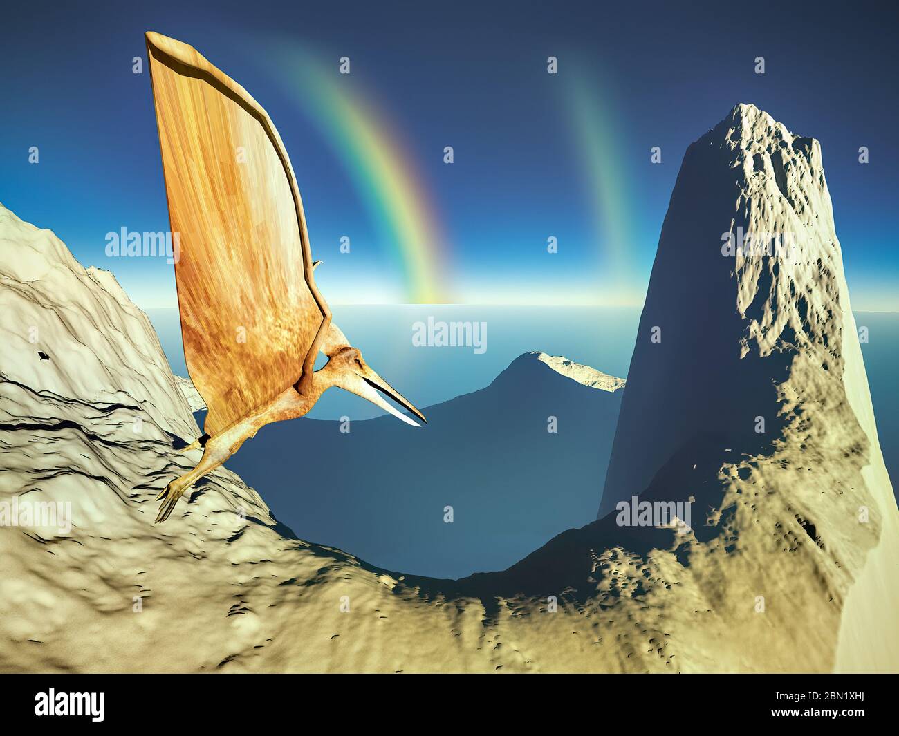 Flying pterodactyl against the volcanic crrater 3d illustration Stock Photo