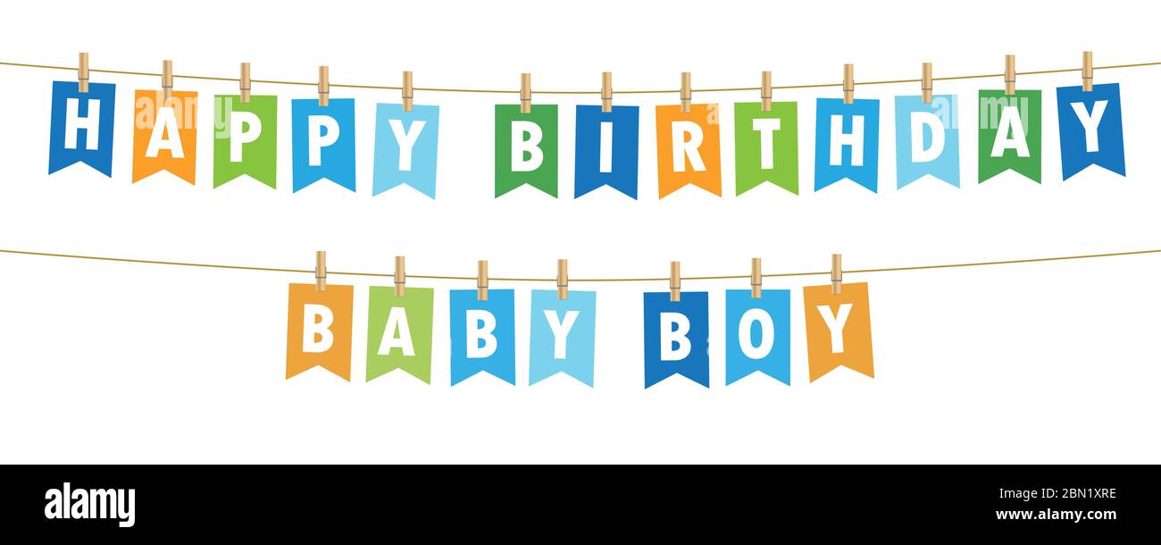 happy birthday baby boy party flags banner isolated on white background vector illustration EPS10 Stock Vector