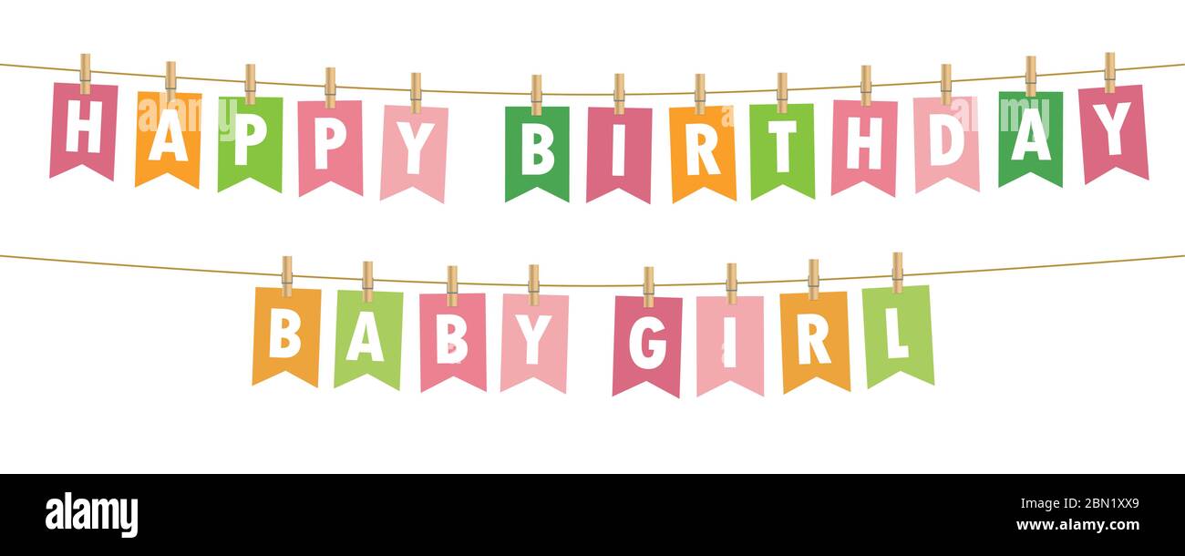 happy birthday baby girl party flags banner isolated on white background vector illustration EPS10 Stock Vector