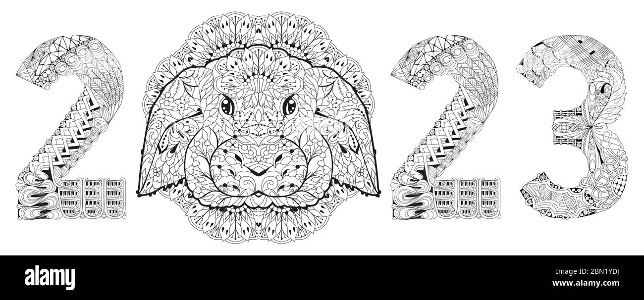 Hand drawn zentangle rabbir number 2023 for coloring, for t-shirt and other decorations Stock Vector