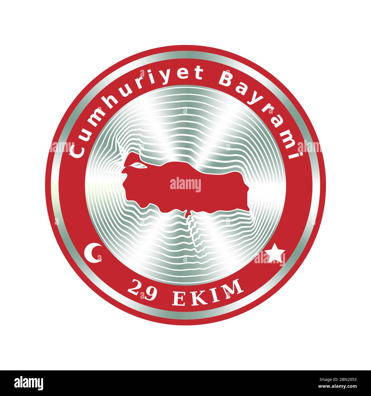 Cumhuriyet Bayrami, 29 ekim. 29 october Republic Day of Turkey. Event icon or badge with map, flag and silver holographic design for Turkish National Stock Vector