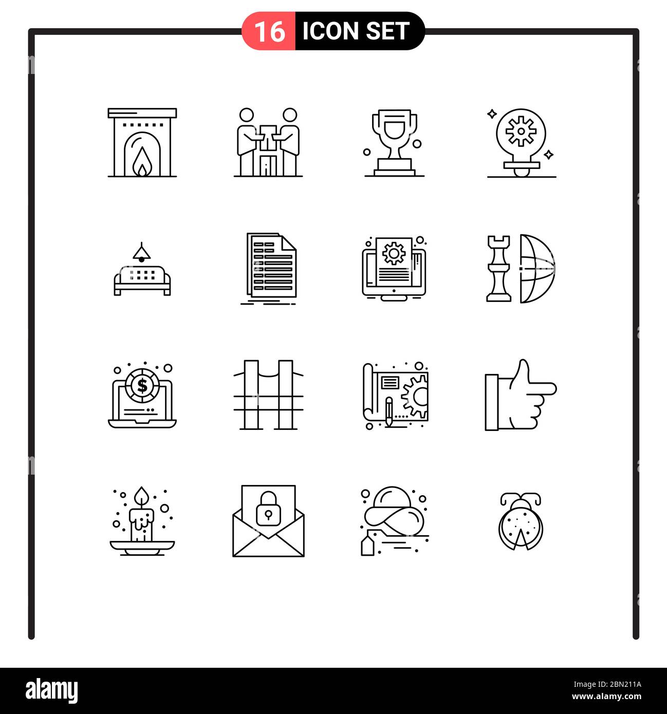 Group of 16 Outlines Signs and Symbols for furniture, gear, award, setting, bulb Editable Vector Design Elements Stock Vector