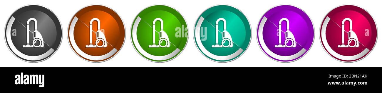 Vacuum cleaner icon set, silver metallic chrome border vector web buttons in 6 colors options for webdesign Stock Vector