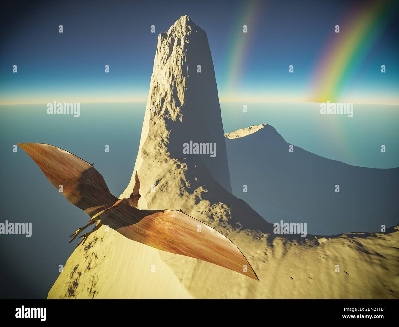 Flying pterodactyl against the volcanic crrater 3d illustration Stock Photo