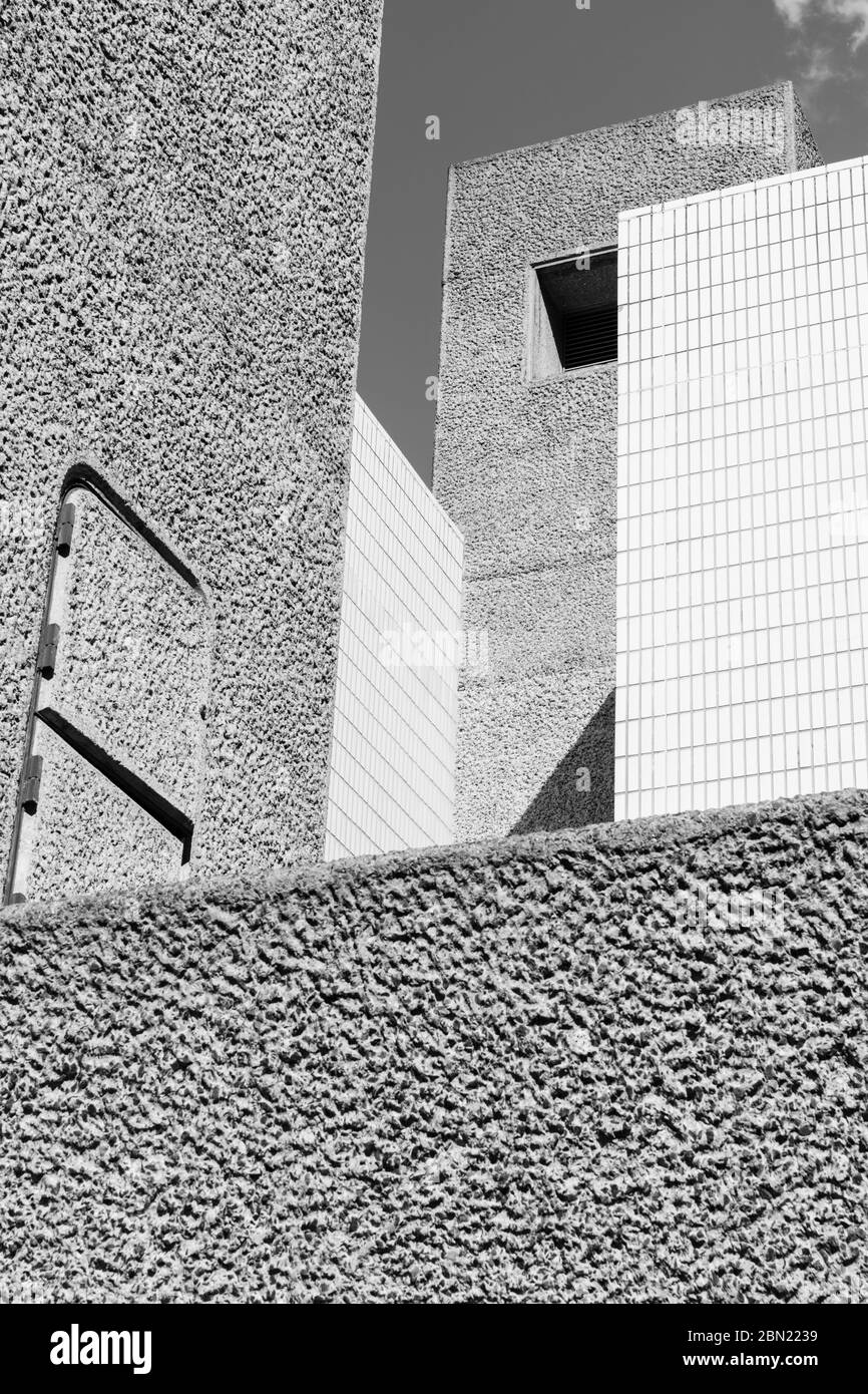 Black and white architectural abstract of the Barbican Centre in London, England, UK. Stock Photo