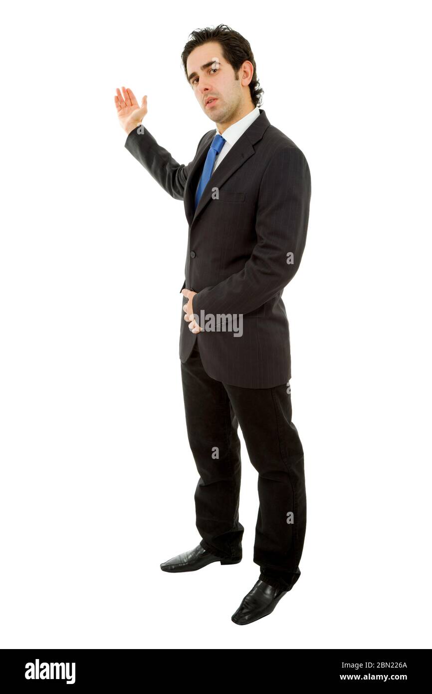Handsome businessman with arm out in a gesture, isolated on
