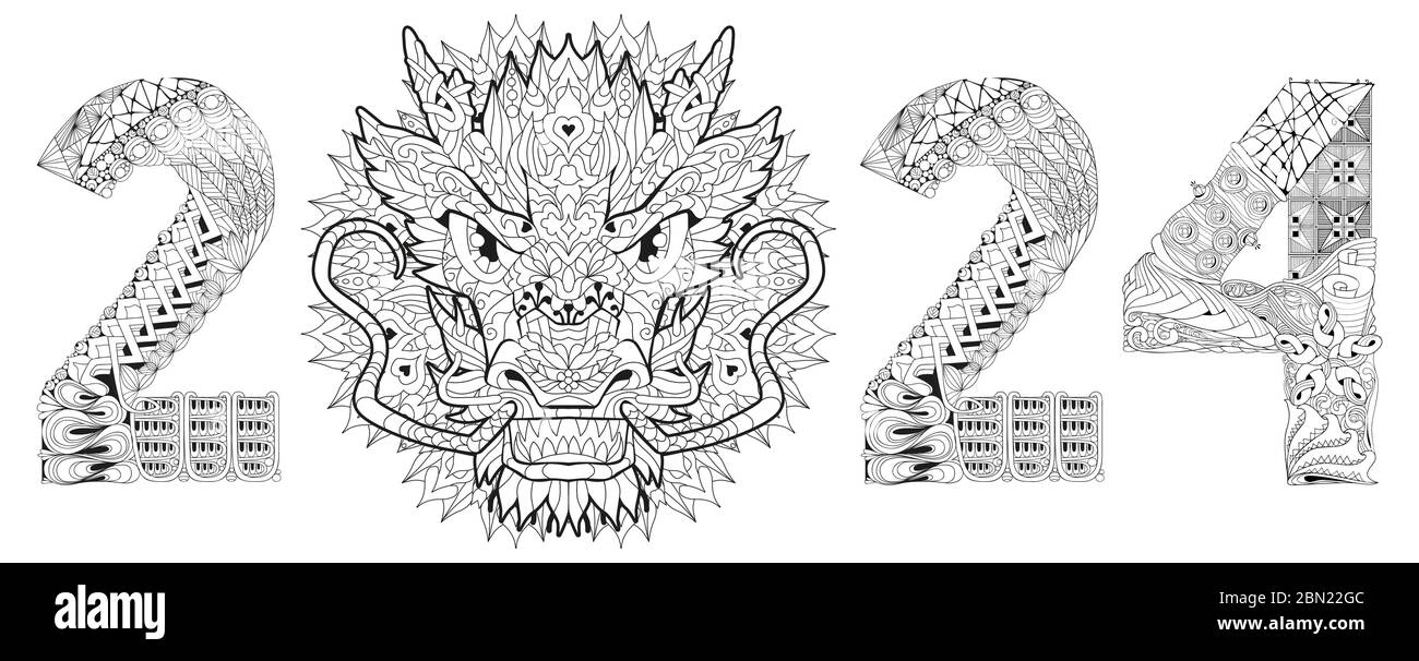 Hand drawn zentangle dragon number 2024 for coloring, for t-shirt and other decorations Stock Vector