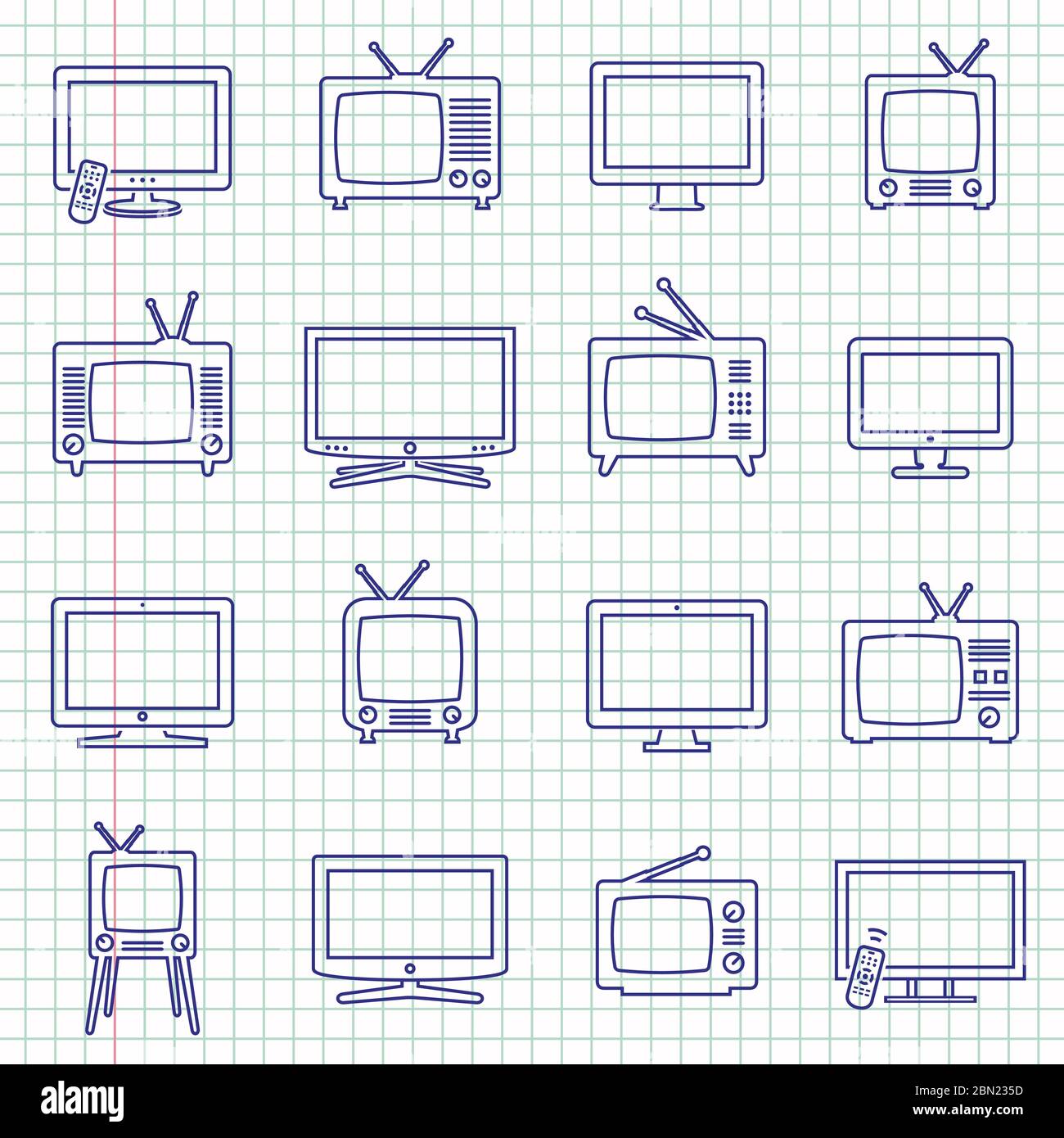 TV isolated pictograms on notebook sheet Stock Vector