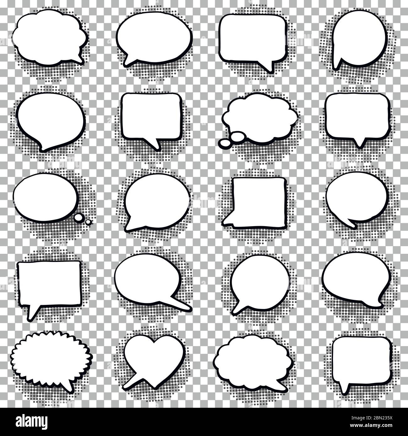 Hand drawn set of speech bubbles. Halftone shadows. Vector illustration Stock Vector