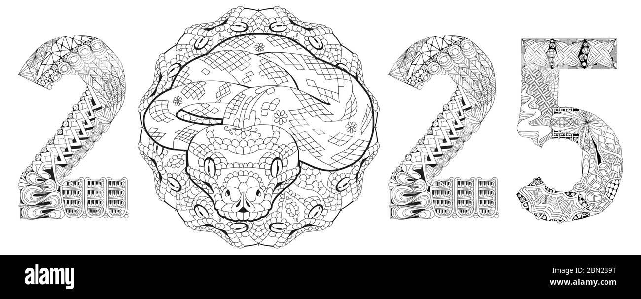 Hand drawn zentangle snake number 2025 for coloring, for t-shirt and other decorations Stock Vector