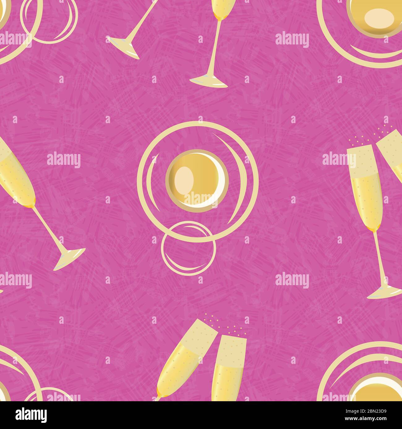 Champagne bubbles vector seamless pattern background. Hand drawn glasses, fizzy drink gold pink textured backdrop. Stylish sparkling wine repeat Stock Vector