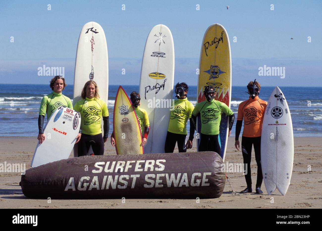 Surfers Against Sewage surfing campaigners; Saltburn; North Yorks UK May 1999 Stock Photo