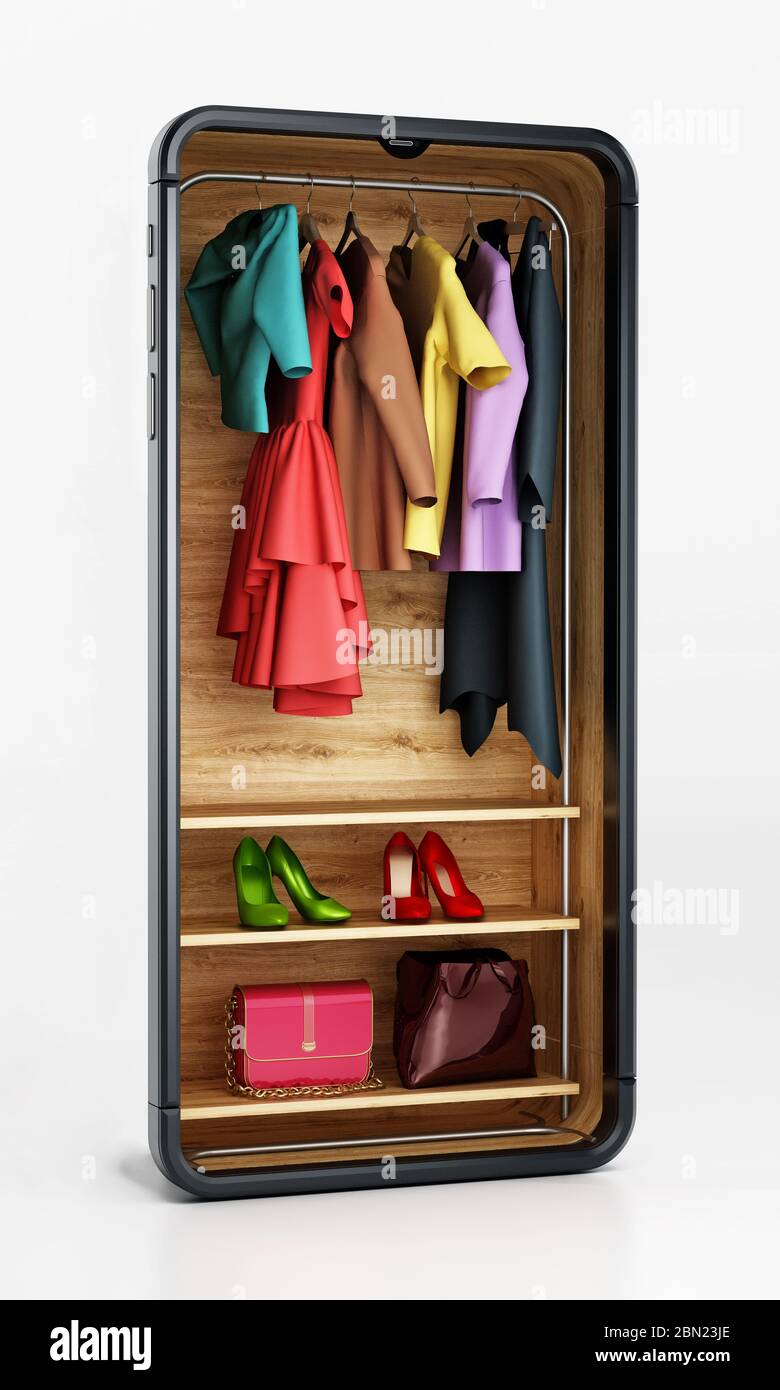 Clothes and accessories inside smartphone. 3D illustration. Stock Photo