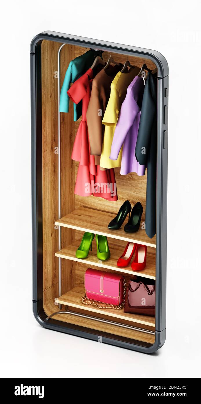 Clothes and accessories inside smartphone. 3D illustration. Stock Photo