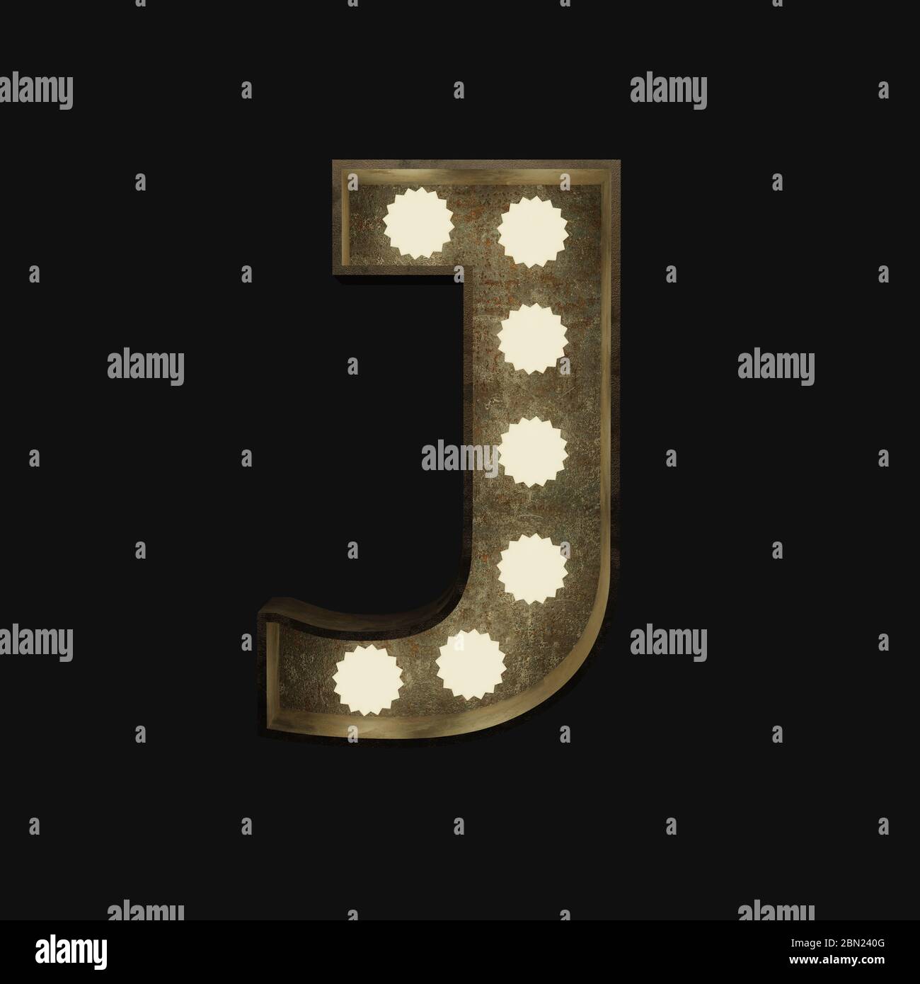 Metal letter J with small lamps on a dark background, 3d rendering