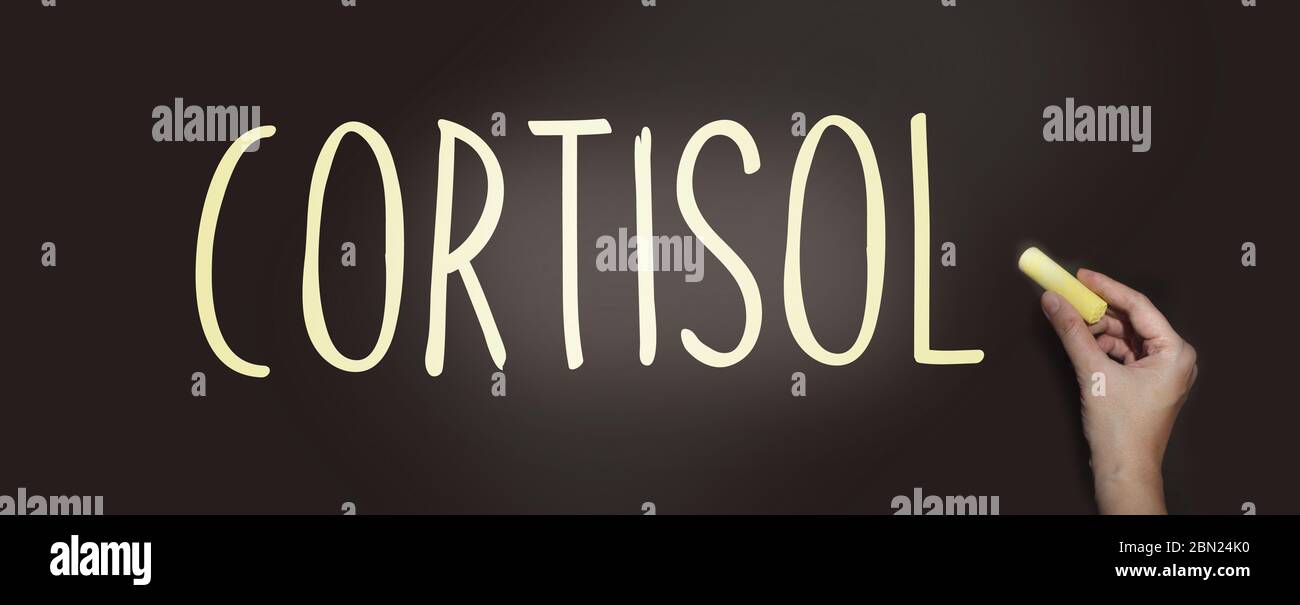 Cortisol word on a blackboard and hand with yellow chalk. Healthcare medical concept Stock Photo