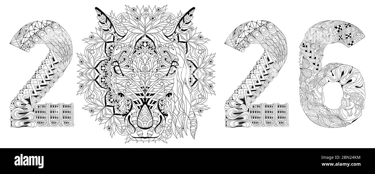 Hand drawn zentangle horse number 2026 for coloring, for t-shirt and other decorations Stock Vector