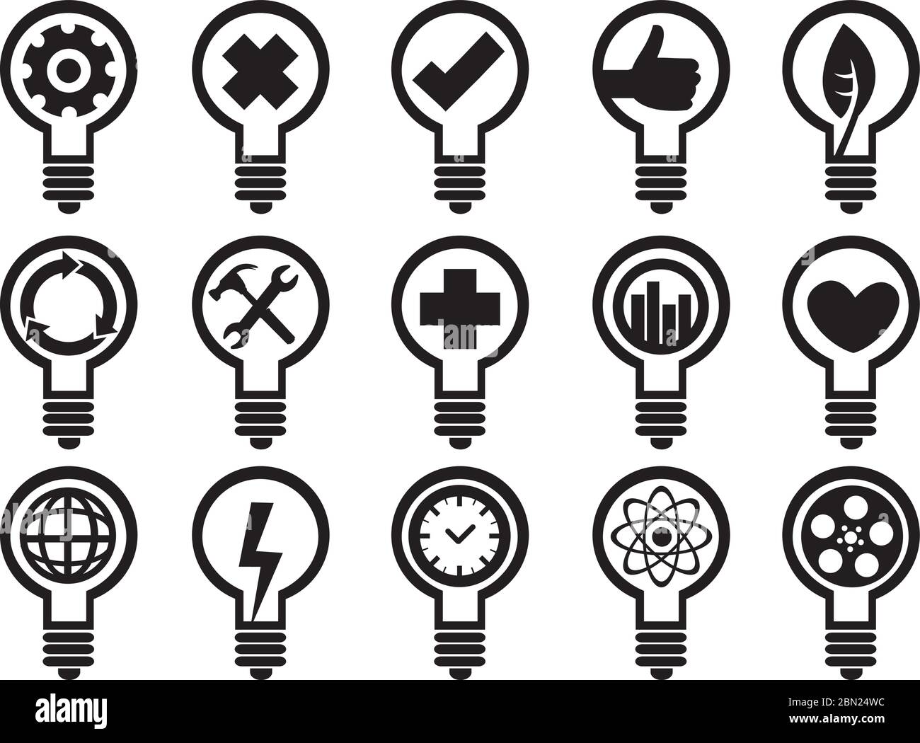 Incandescent light bulbs with conceptual symbols. Black and white vector icon set isolated on