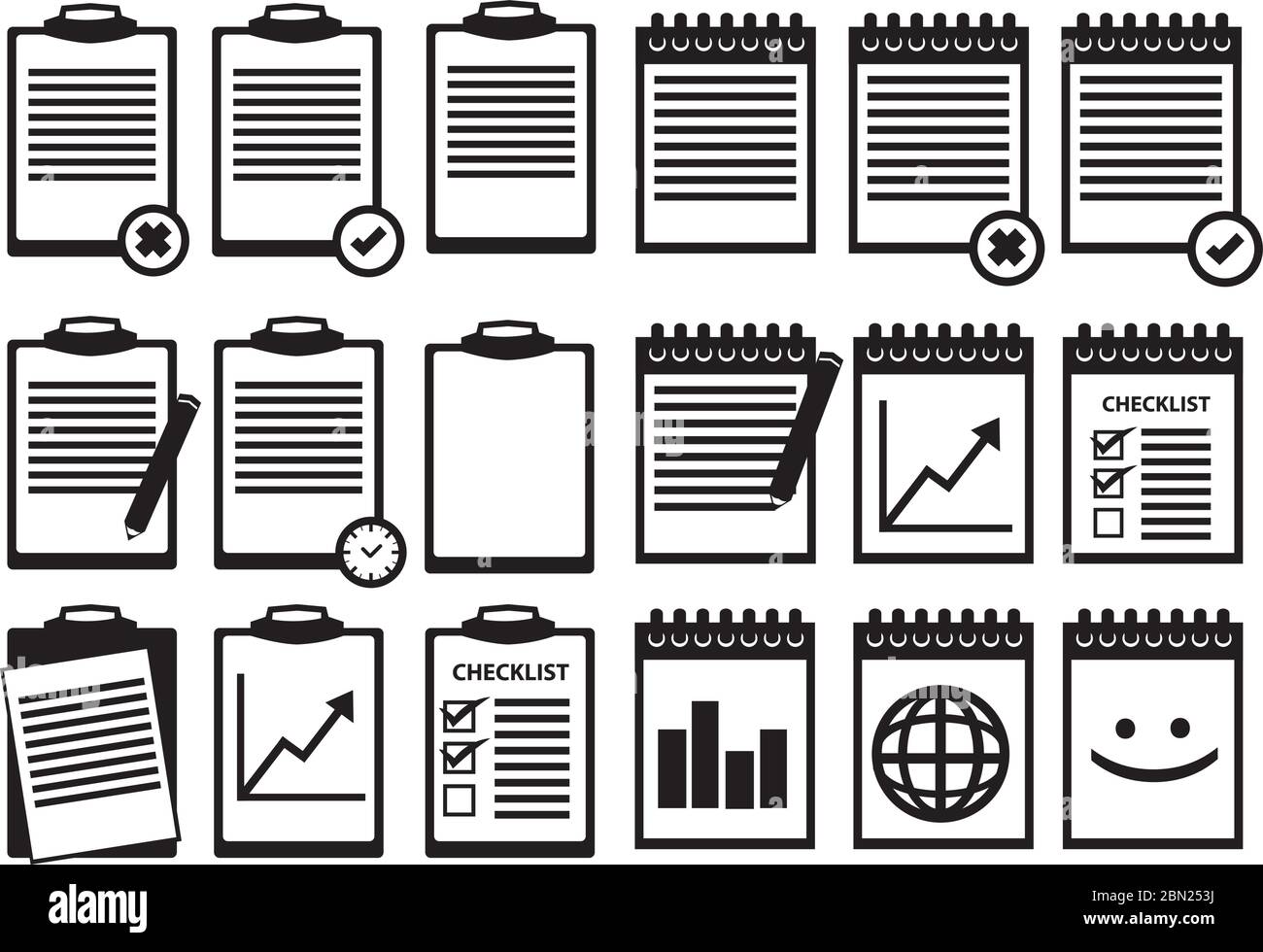 Set of clipboard and spiral bound notebook icons in black and white