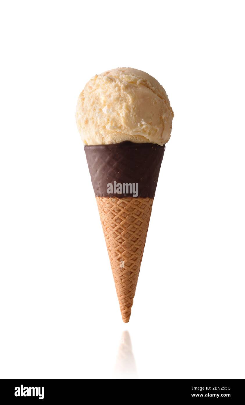Traditional vanilla flavored cream ice cream isolated with white background  on semi-dipped chocolate cone Stock Photo - Alamy