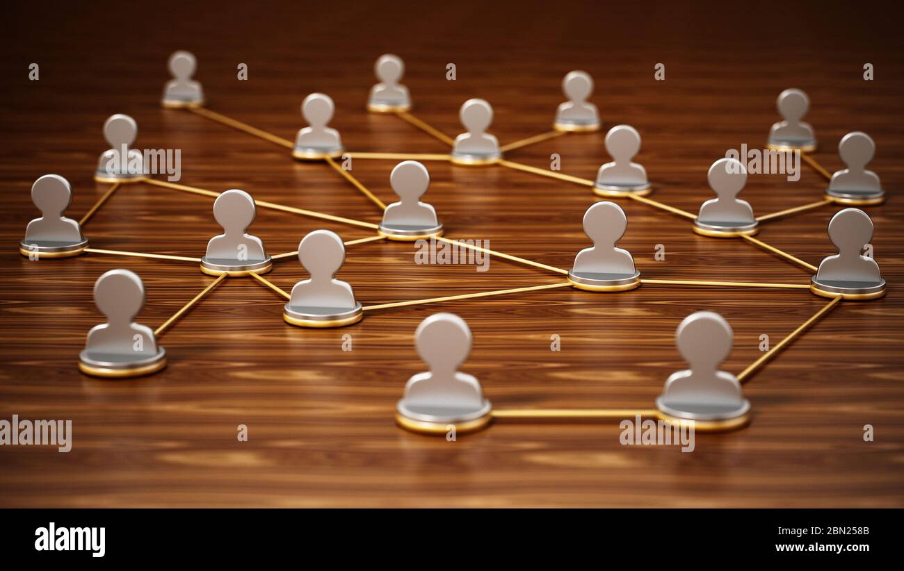 Lines connecting white 3D head symbols. Connectivity and network concept. 3D illustration. Stock Photo
