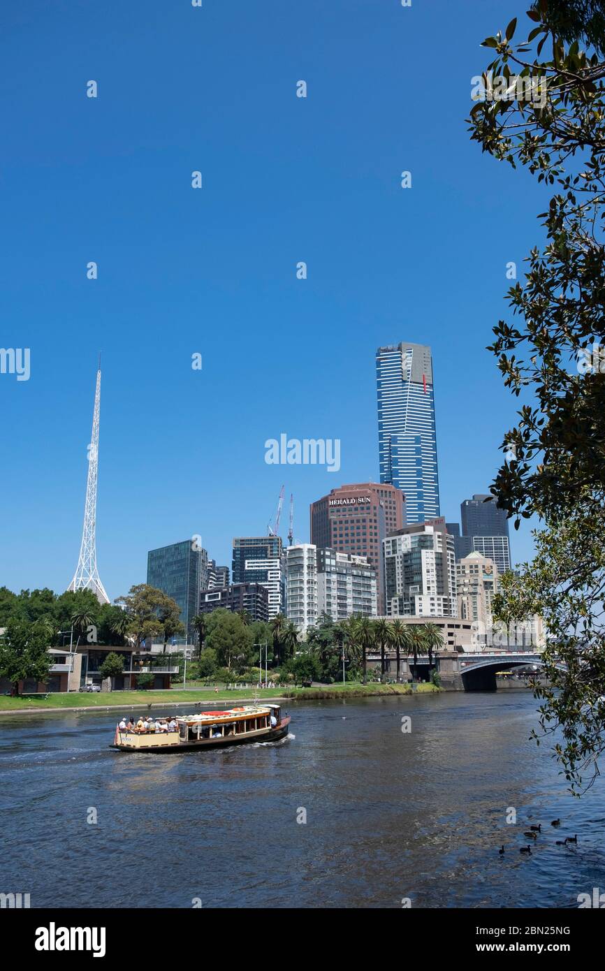 View across the Yarra River towards the Eureka Tower and Southbank area in Melbourne, Victoria, Stock Photo