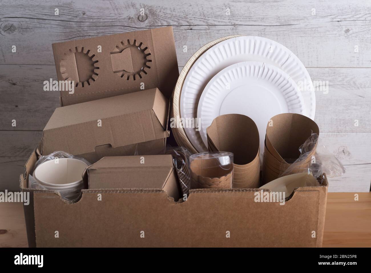 Biodegradable serving cups, plates, boxes in a big box Stock Photo Alamy