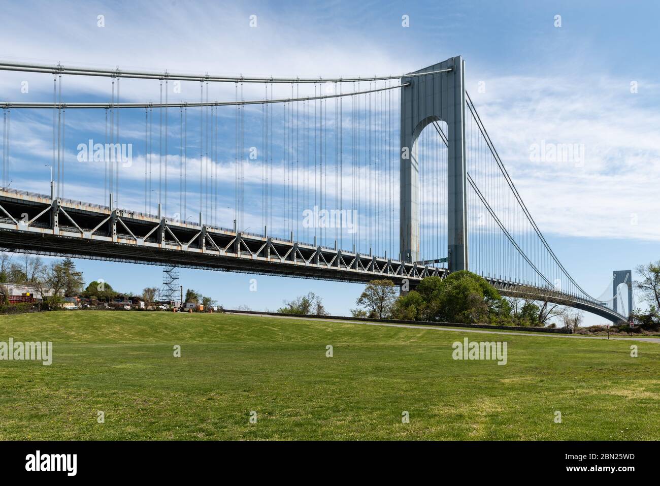 Long view of the Verrazano Narrows Suspension Bridge connecting New Jersey to Brooklyn Stock