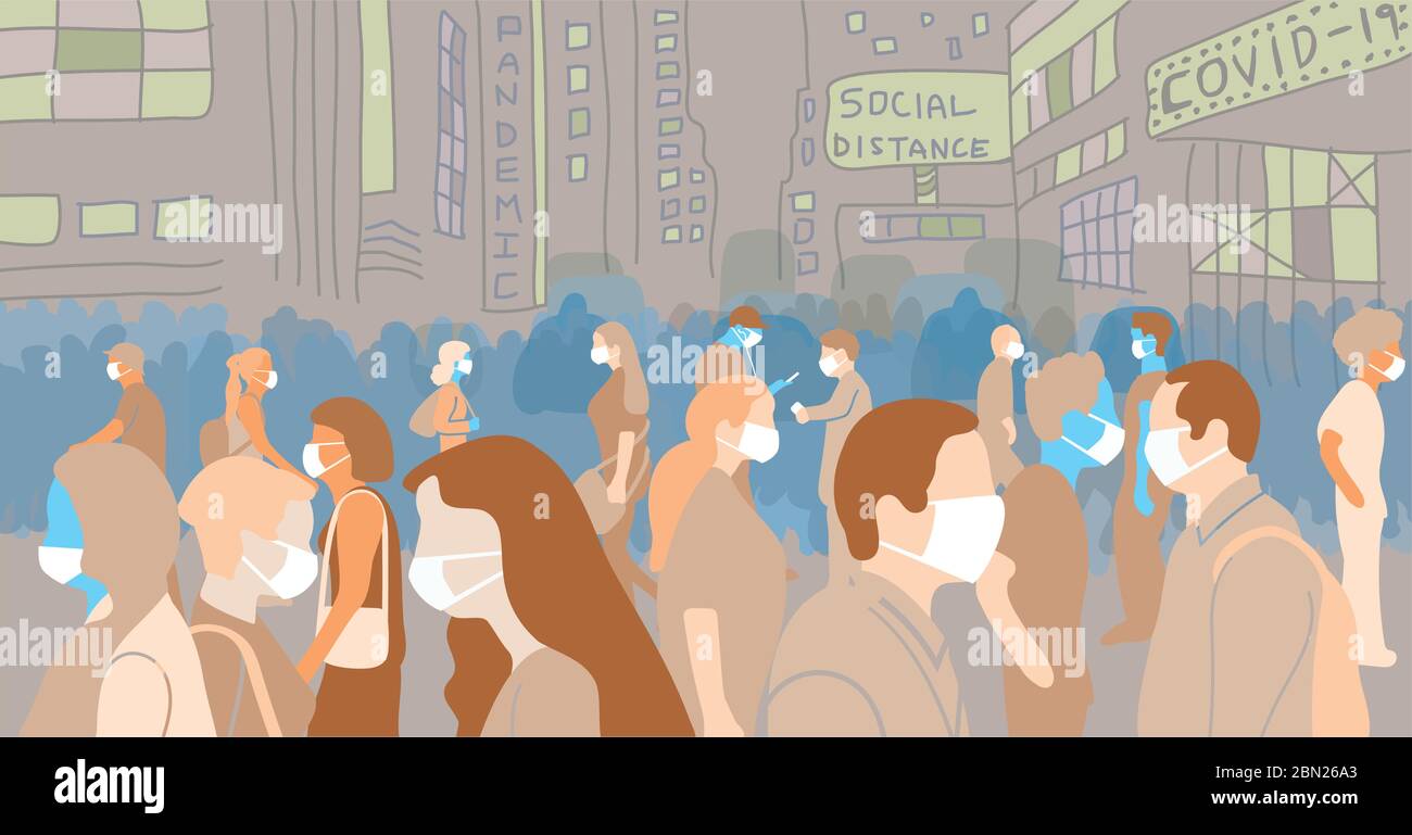 Crowd of people walk with face mask during covid pandemic in large populated city street with signs. Conceptual vector illustration for social media Stock Vector