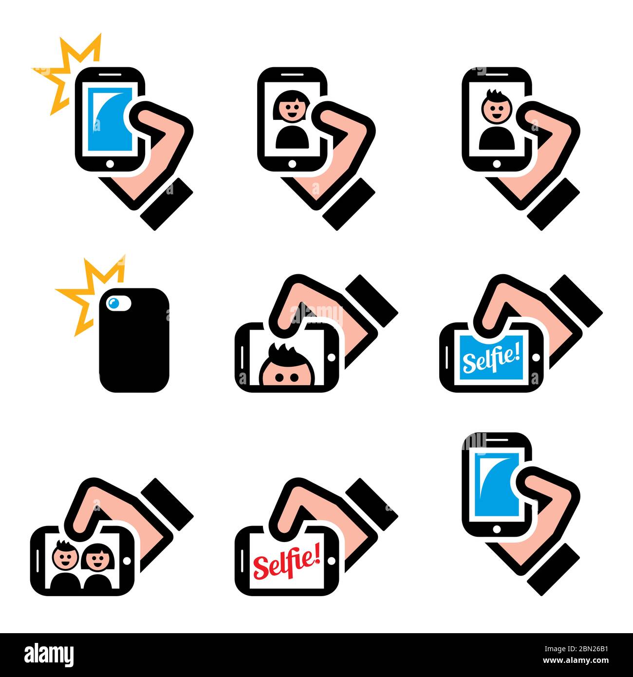Selfie, taking photos with smartphones for social media vector icon set    Technology design set of people taking selfies with mobile or cell phones, Stock Vector
