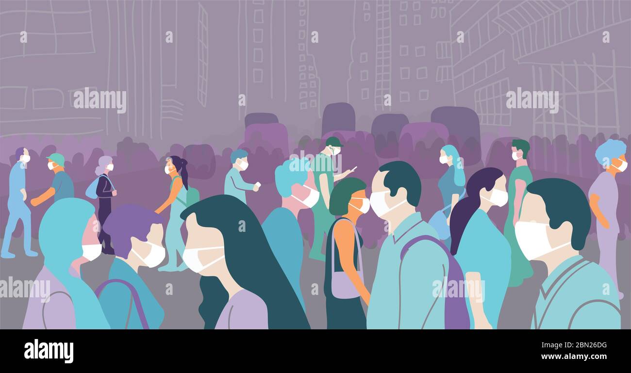 Crowd of people walk with face mask during covid pandemic in large populated city street. Conceptual vector hand drawn illustration for social media Stock Vector