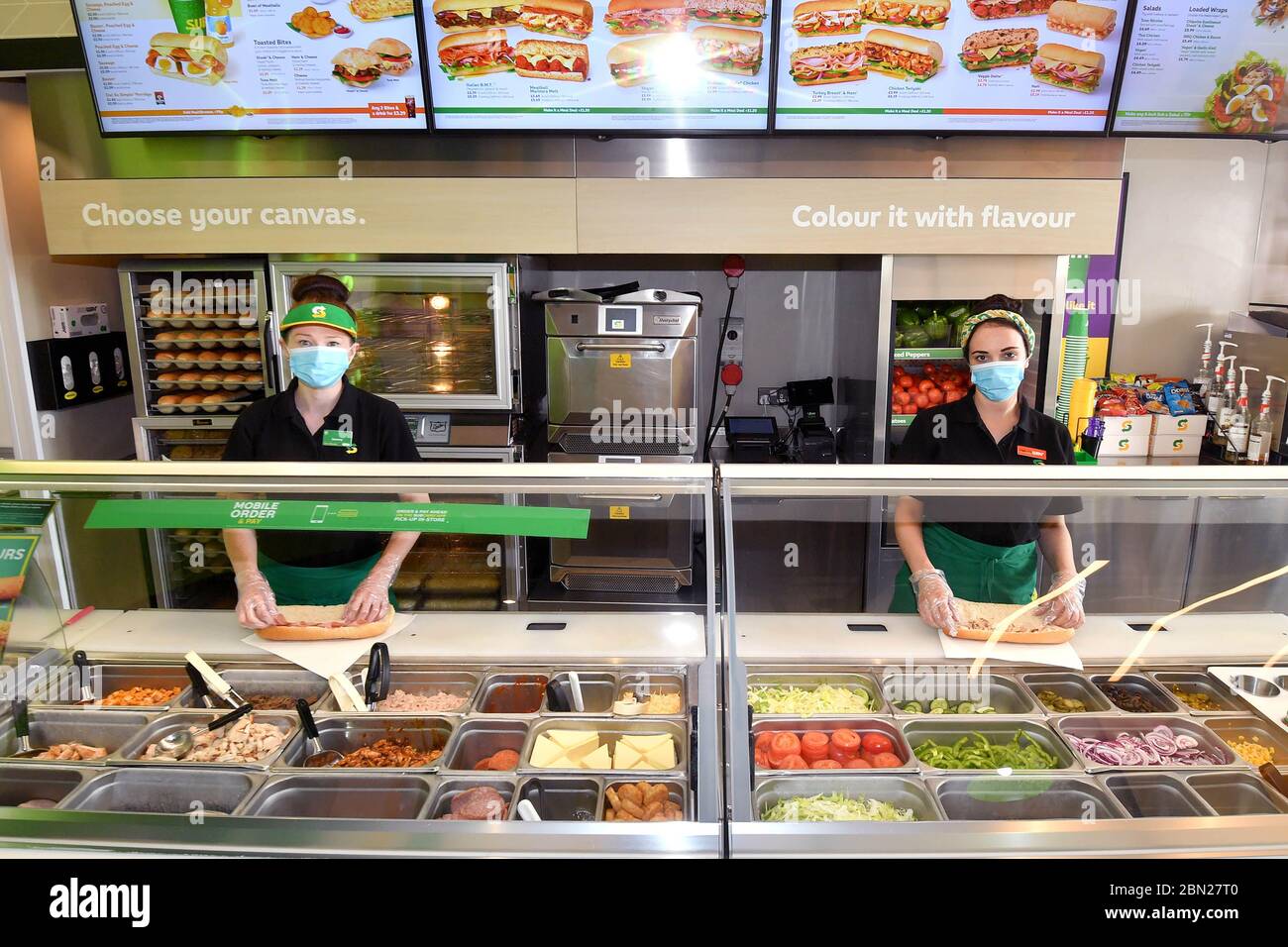 EDITORIAL USE ONLY A Subway store in Wakefield which features signage and protective screens that have been installed to support social distancing as the restaurant chain begins its gradual re opening...