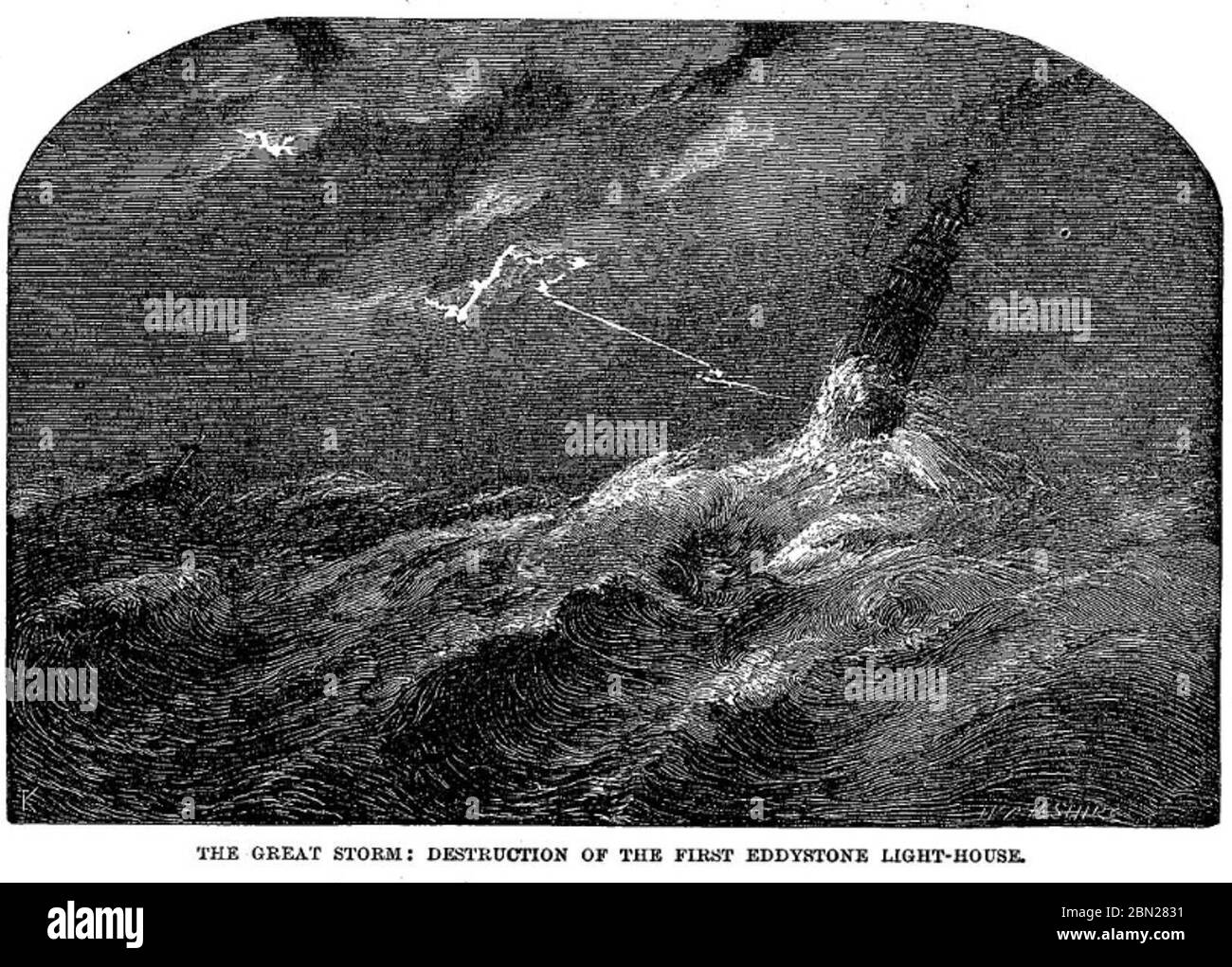 Destruction of the first Eddystone lighthouse in Great Storm 1703 Stock