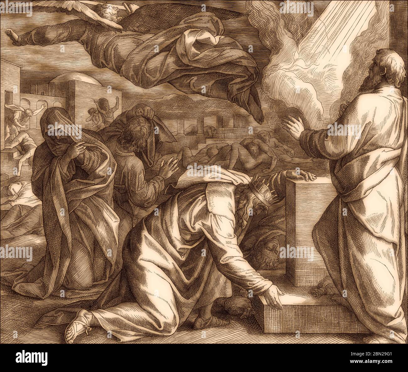 The destroying angel killing the inhabitants of Jerusalem, Old Testament, by Julius Schnorr von Carolsfeld Stock Photo