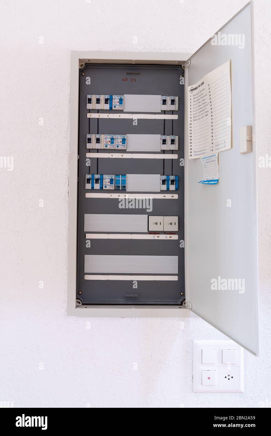 26 April 2020 - Maienfeld, GR / Switzerland: close up view of a Weber and  Hager fusebox in a modern apartment building Stock Photo - Alamy
