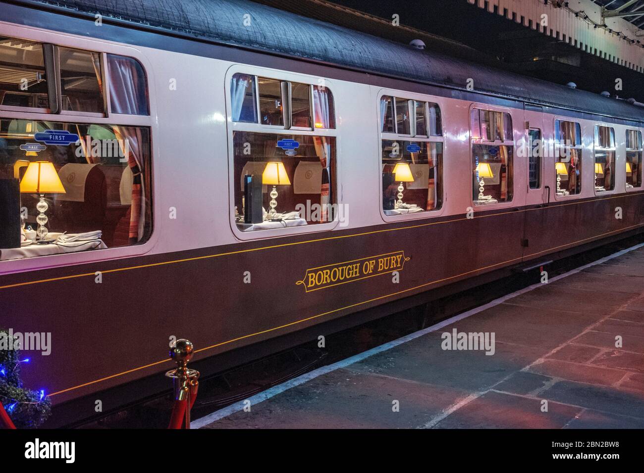 East Lancashire Railway heritage traditional Pullman style carriage back in time to an age where to dine by train was the height of sophistication. no Stock Photo