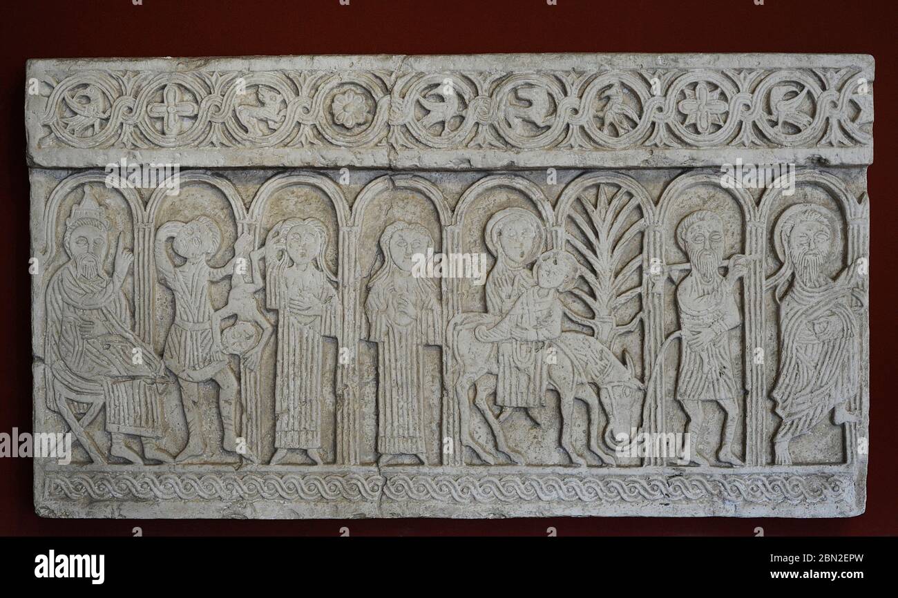 Screen slabs from the Church of St. Nediljica in Zadar, 11th century (copy). Croatia. Left : The slaughter of the innocents. Right: Flight into Egypt. Museum of Croatian Archaeological Monuments. Split. Croatia. Stock Photo
