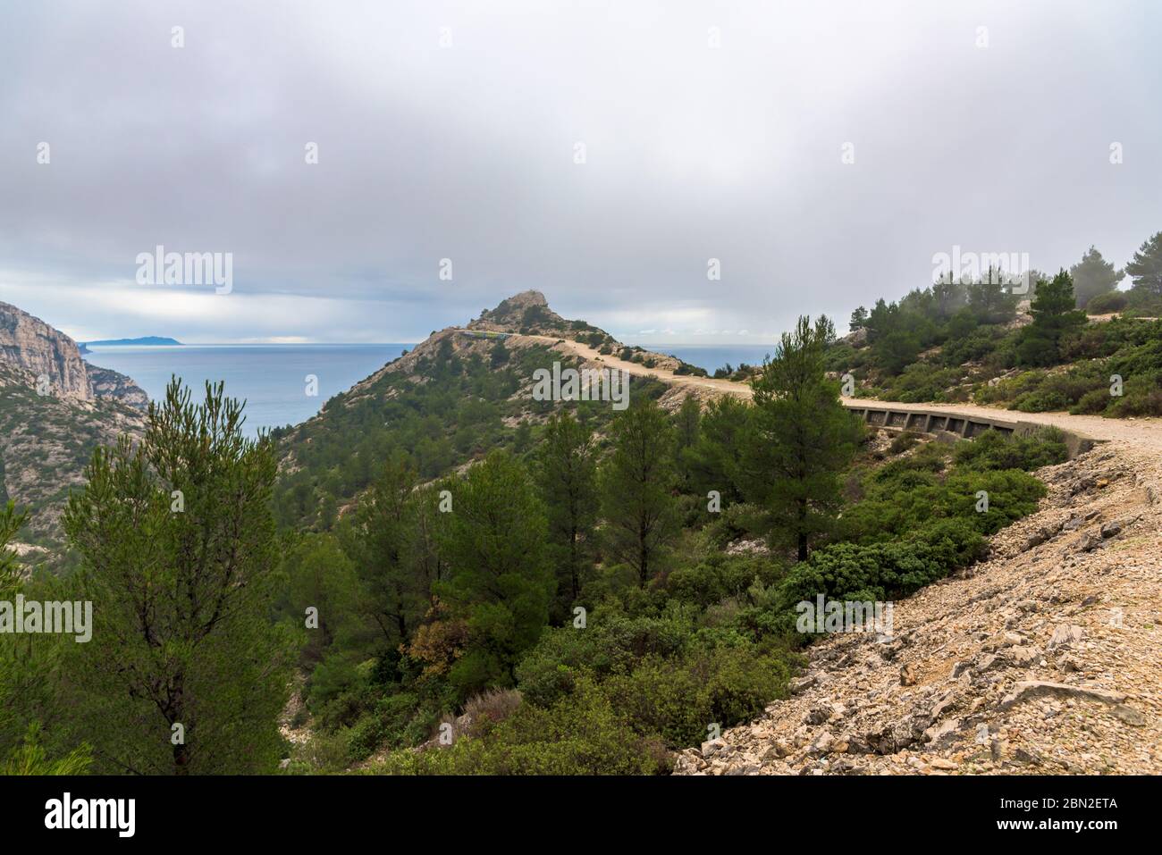 Aerial view of the Calanque de Sugiton, fjord near Marseille in the south of France in the Calanques National Park seen from park trail. Stock Photo