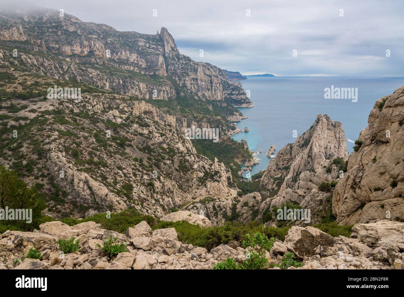 Aerial view of the Calanque de Sugiton, fjord near Marseille in the south of France in the Calanques National Park seen from the observation deck. Stock Photo
