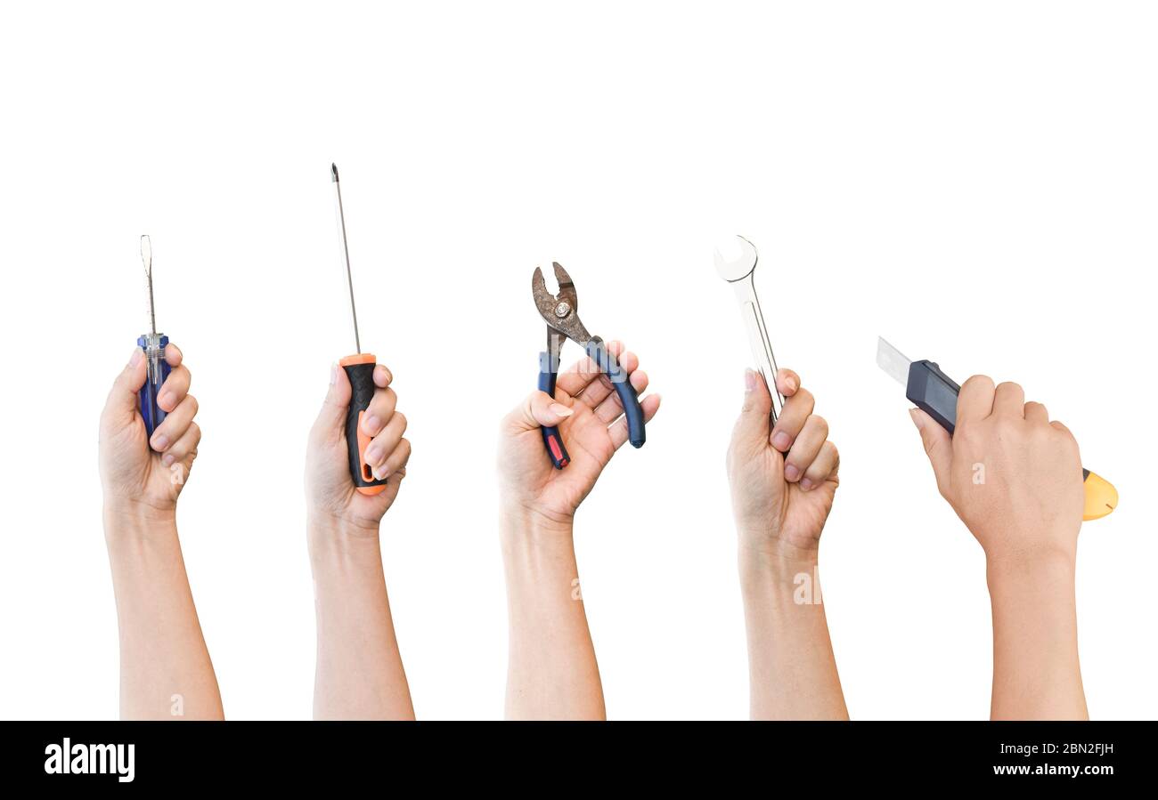 Hands holding different tools isolated on white background. object with clipping path. Stock Photo