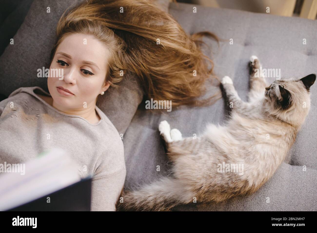 Young attractive girl with cat lying on a couch reading a book at home, top view Stock Photo