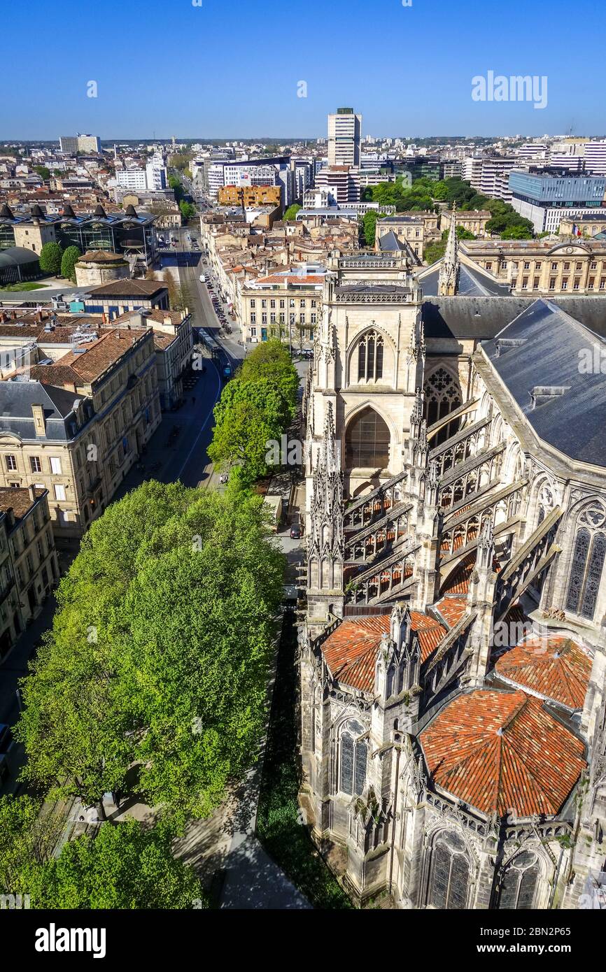 City of Bordeaux and Saint-Andre Cathedral Aerial view from the Pey-Berland tower, France Stock Photo