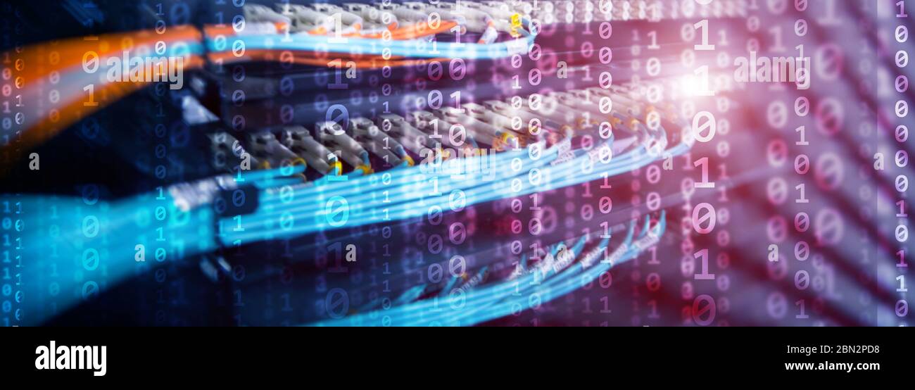 Digital Binare Code on Data Center Background. Technology Panoramic Wallpaper for your Business Stock Photo