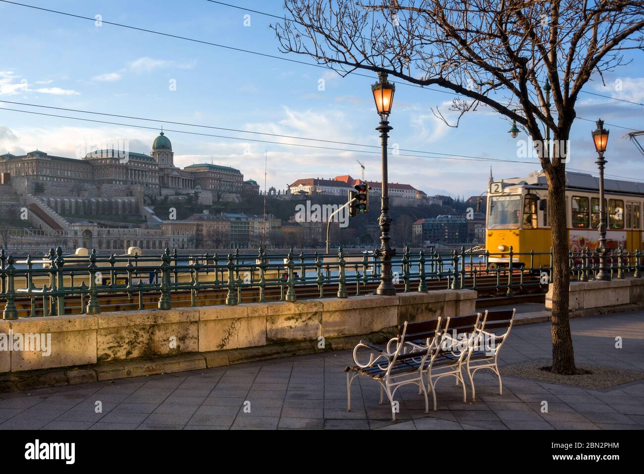 Budapest promenade, hunker tram, Royal Castle of Buda view Stock Photo