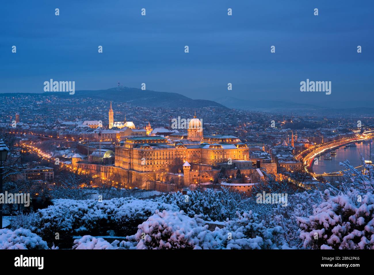 Winter night view of Illuminated Royal Palace of Buda in Budapest Stock Photo
