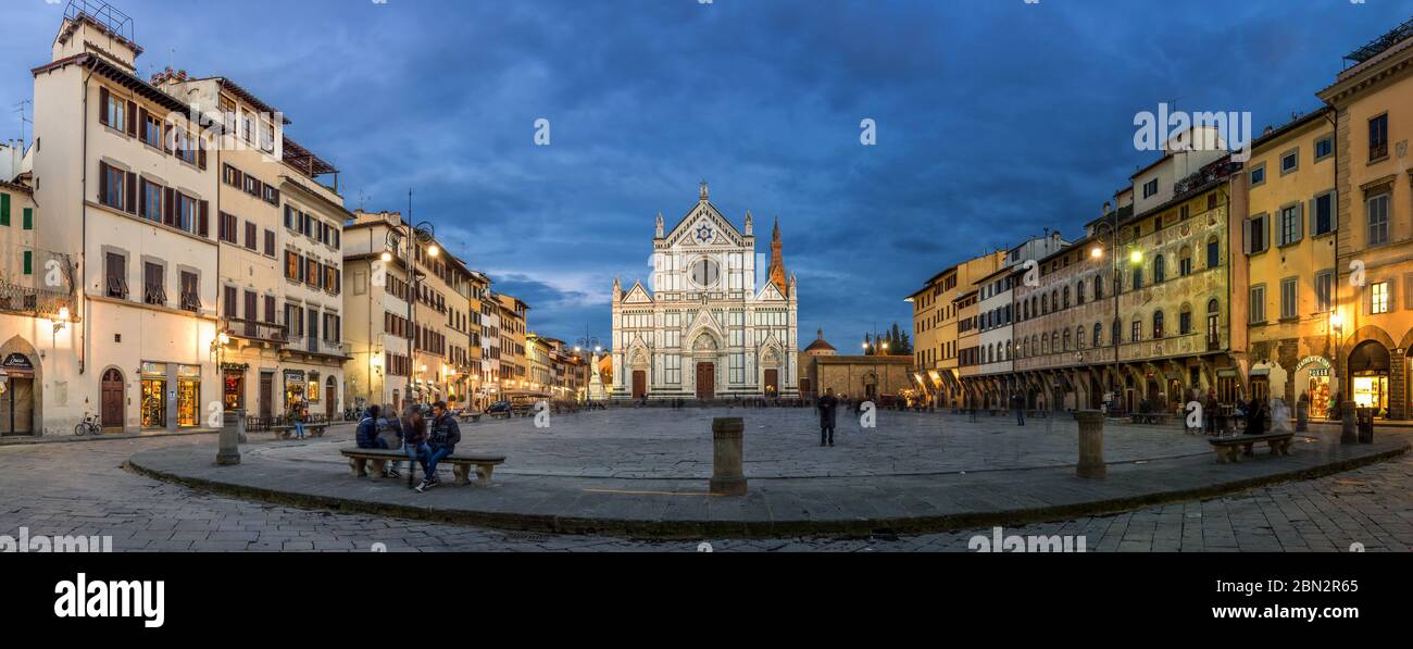 a panoramic view of piazza Santa Croce in Florence, Italy, at dusk Stock Photo