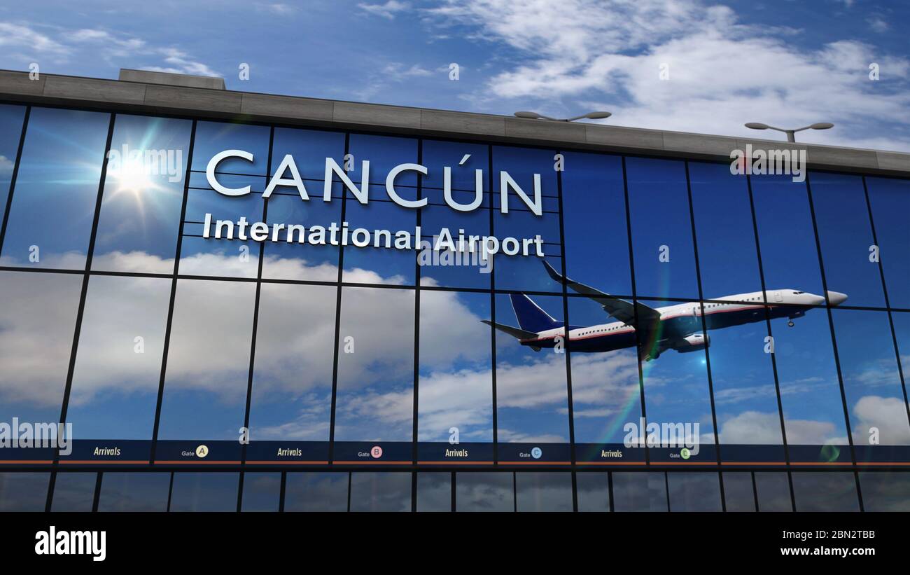 Jet Aircraft Landing At Cancun Mexico 3d Rendering Illustration Arrival In The City With The Glass Airport Terminal And Reflection Of The Plane Tra Stock Photo Alamy
