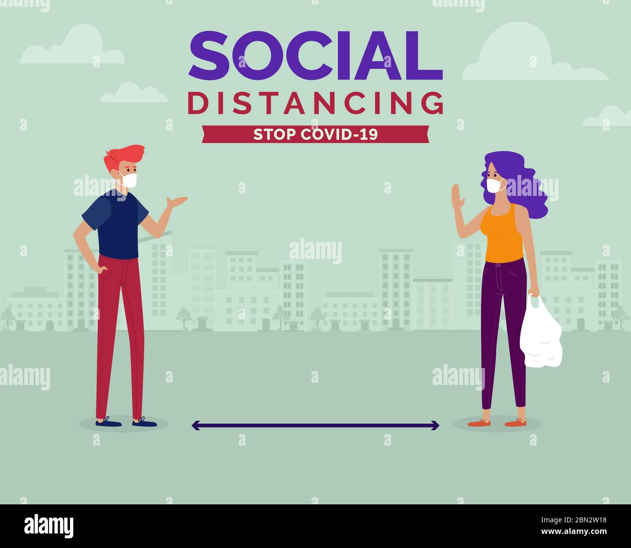 Vector illustration of social distancing concept. A man and a woman keeping a safe distance to fight the coronavirus. Stop covid-19 Stock Photo