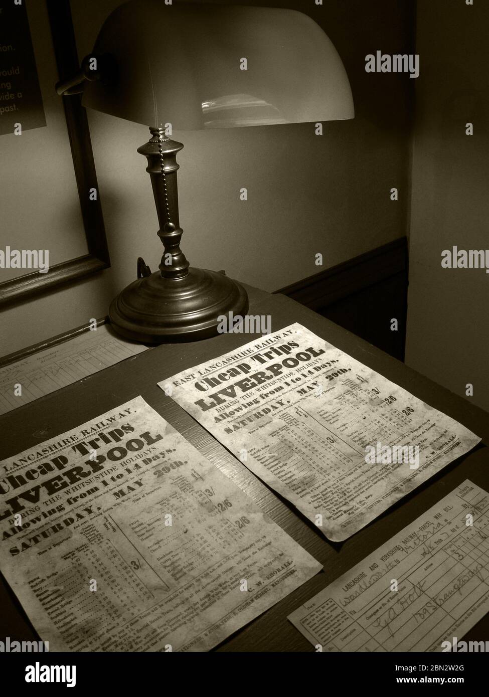 Cheap Trips to Liverpool, train,trips, sepia tone,Victorian Train Journeys Stock Photo