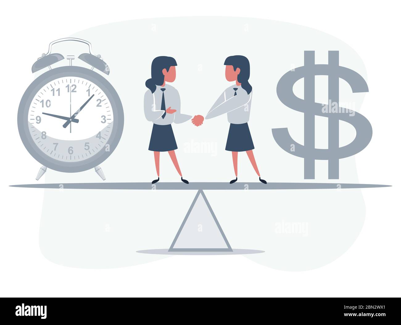 Business partners shaking hands as a symbol of unity. Business people standing on seesaw between clock and money. Stock Vector